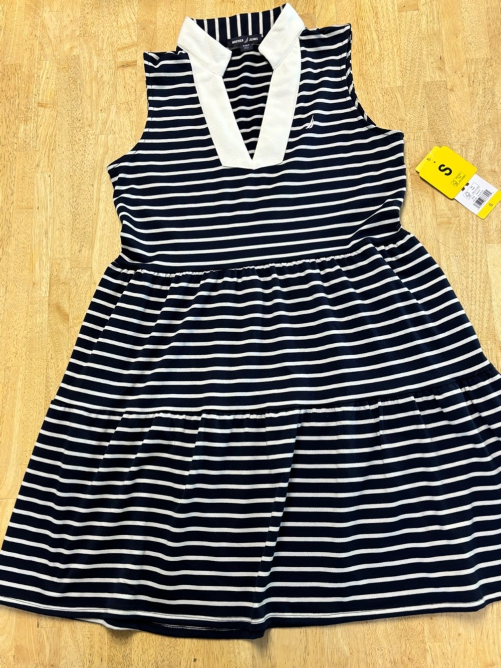 Nautica Navy and White Striped Sleeveless V-Neck Midi Dress